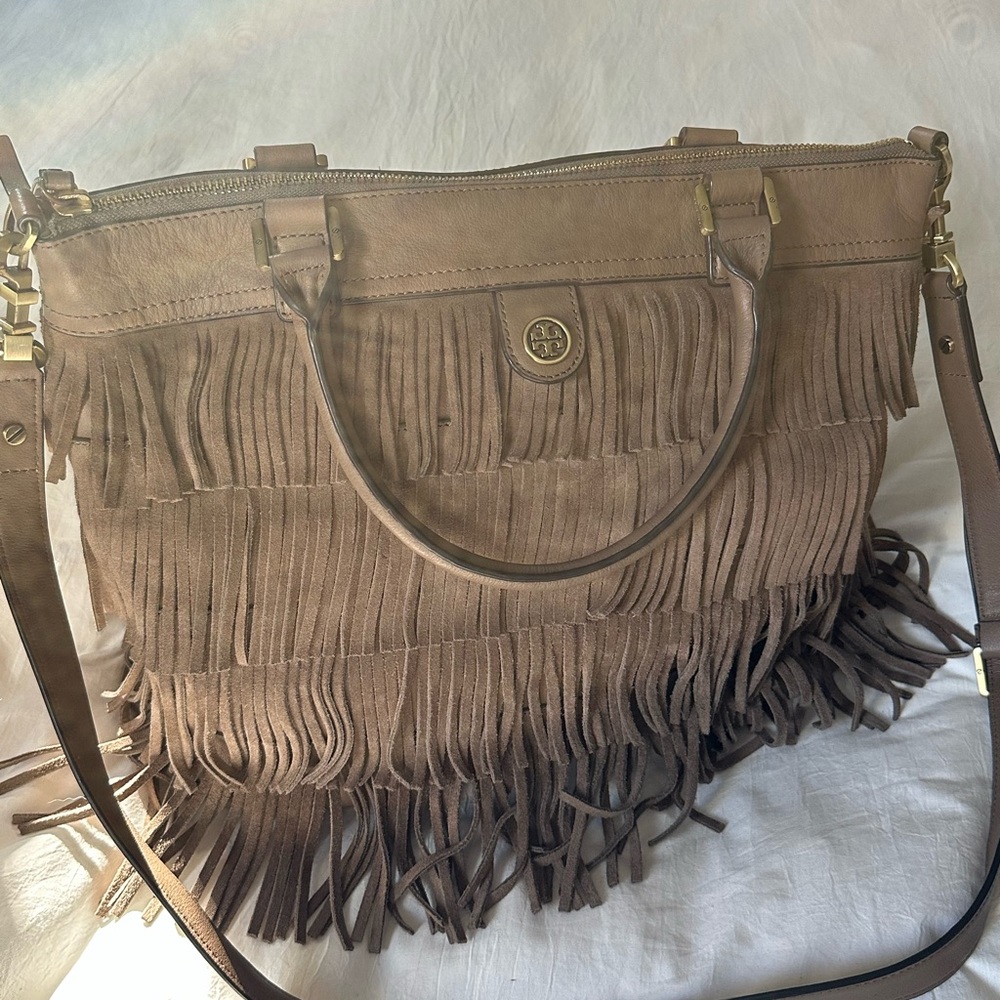 TORY BURCH Fringed Brown Suede Bag